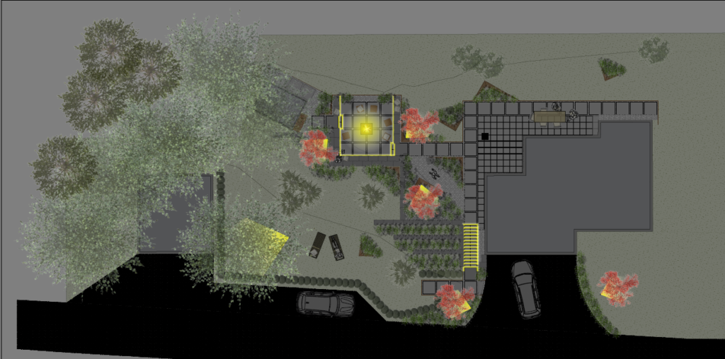 Visueller Entwurf für den Garten des Kunden bei Nacht, mit Beleuchtung
