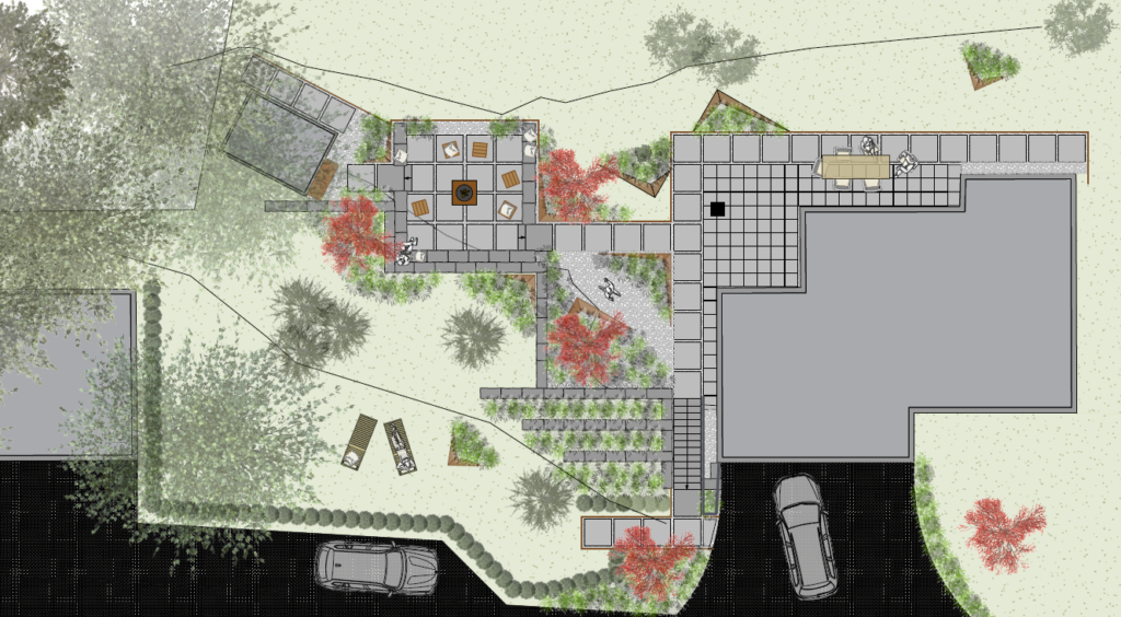 Visueller Entwurf für den Garten des Kunden bei Tageslicht