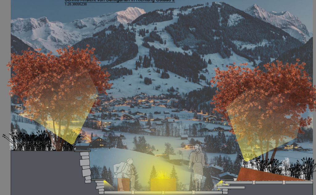 Visueller Entwurf für den Garten des Kunden bei Nacht, mit Beleuchtung