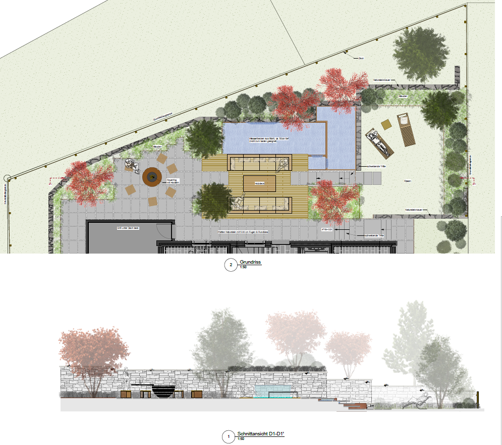 Visueller Entwurf für den Garten des Kunden bei Tageslicht